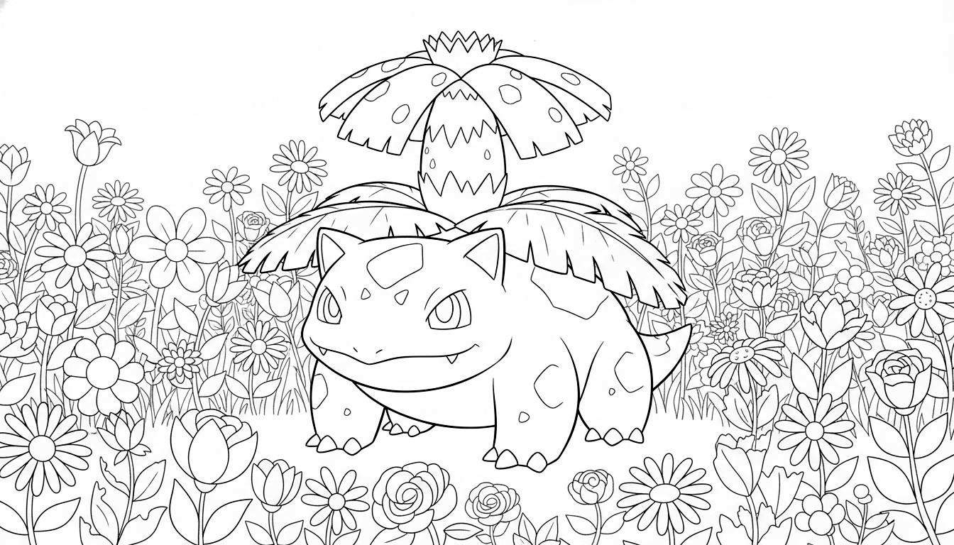 Kleurplaat van Ivysaur, een Pokémon, met een glimlach in een dicht bloemenveld vol madeliefjes, rozen en tulpenknoppen.