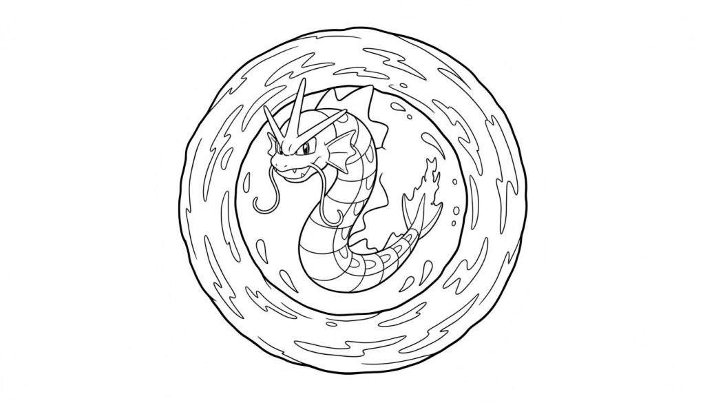 Lijntekening van Pokémon Gyarados in kolkend water, klaar om in te kleuren.