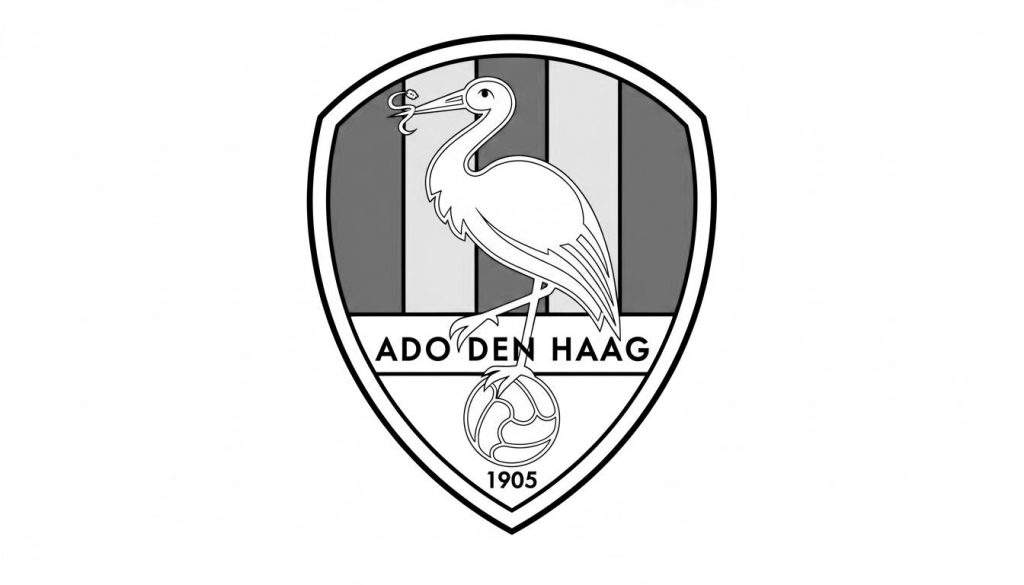 Kleurplaat van het ADO Den Haag logo: een schild met de Haagse ooievaar op een voetbal, een paling in zijn snavel, de tekst "ADO DEN HAAG" en het jaartal "1905".