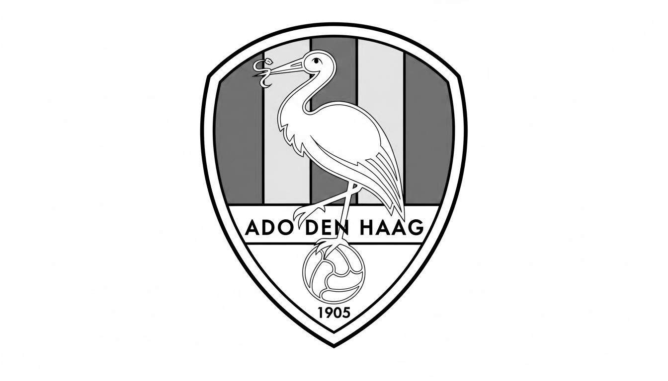 Kleurplaat van het ADO Den Haag logo: een schild met de Haagse ooievaar op een voetbal, een paling in zijn snavel, de tekst "ADO DEN HAAG" en het jaartal "1905".