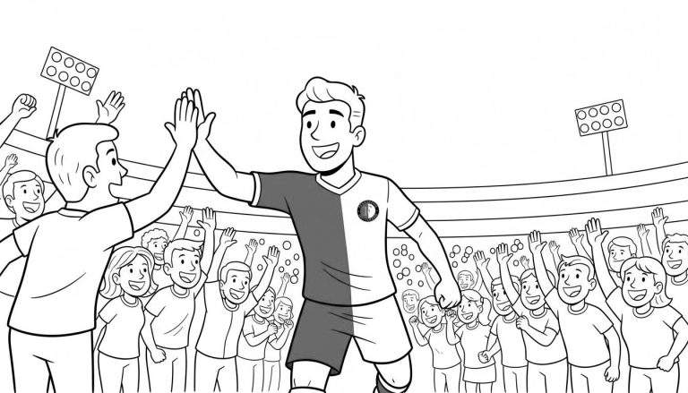 Kleurplaat van een Feyenoord voetballer die een high-five geeft aan een man, omringd door juichende fans op de tribune van een stadion. Alle figuren lachen en steken hun handen in de lucht.