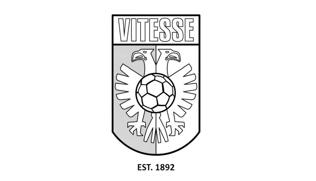 Zwart-wit kleurplaat van het Vitesse voetbalclub logo met de naam 'VITESSE', twee adelaarshoofden, een voetbal en 'EST. 1892' op een schild.