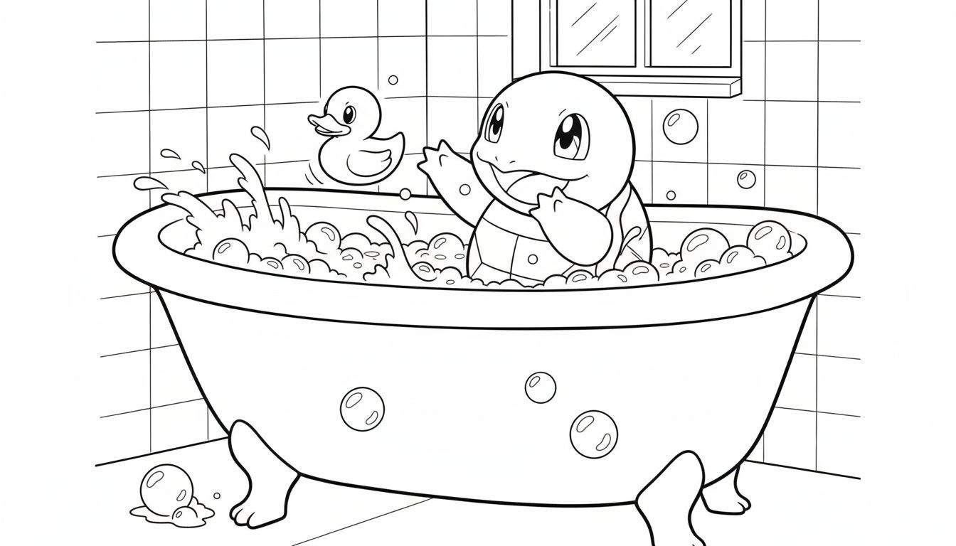 Zwart-wit kleurplaat van de Pokémon Squirtle die vrolijk in een badkuip met schuim en zeepbellen zit, naast een badeendje.
