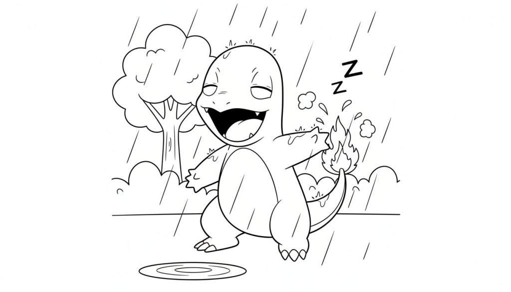 Zwart-wit kleurplaat van een blije Charmander in de regen. Zijn ogen zijn gesloten, mond open in een lach, armen gespreid. De vlam op zijn staart brandt nog steeds met regendruppels eromheen. 'ZZ' letters en waterplassen op de grond, boom en struiken op de achtergrond.
