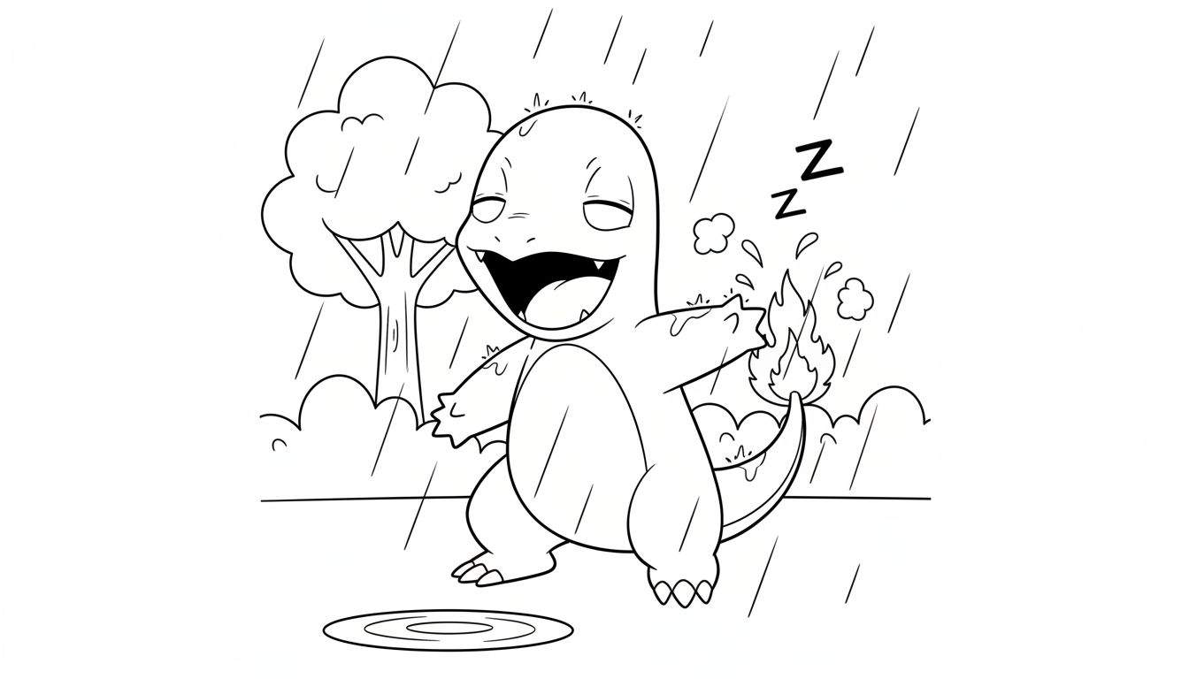 Zwart-wit kleurplaat van een blije Charmander in de regen. Zijn ogen zijn gesloten, mond open in een lach, armen gespreid. De vlam op zijn staart brandt nog steeds met regendruppels eromheen. 'ZZ' letters en waterplassen op de grond, boom en struiken op de achtergrond.