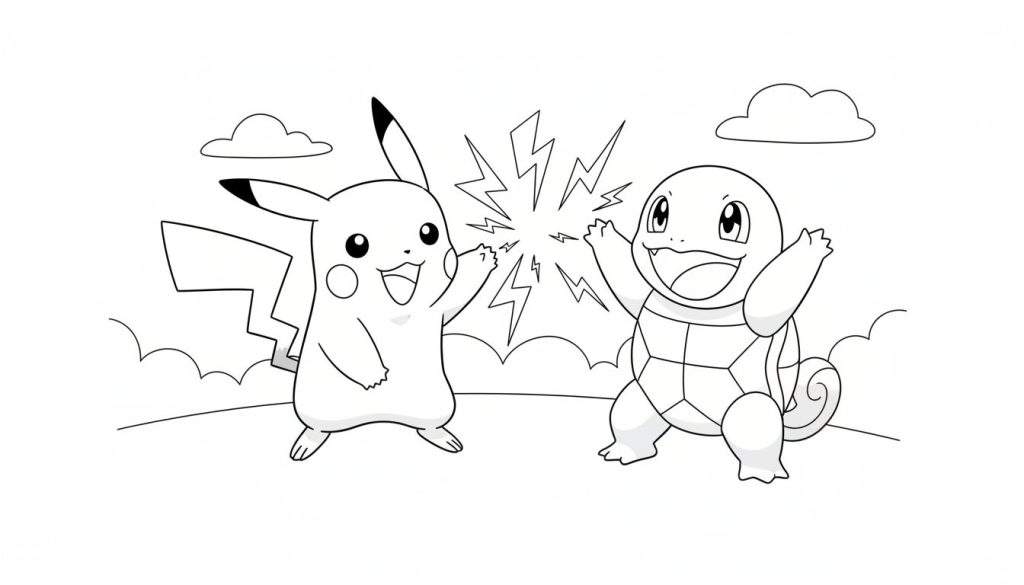 Zwart-wit kleurplaat van Pikachu en Squirtle die een elektrische 'high-five' doen, met bliksemschichten tussen hun omhooggestoken handen. Pikachu staat links, Squirtle rechts, beide lachend. Eenvoudige wolken op de achtergrond.