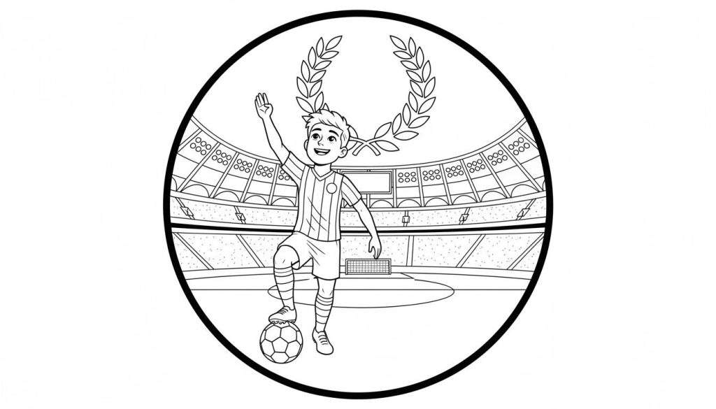 Kleurplaat van een juichende jongen in Sparta Rotterdam voetbaltenue met een lauwerkrans, staand op een voetbalveld in een stadion met toeschouwers.