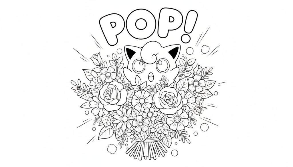 Zwart-wit kleurplaat van Jigglypuff die verrast uit een boeket bloemen "POP!"t, met grote ogen en open mond, omringd door dynamische lijnen.