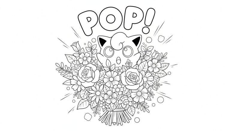 Zwart-wit kleurplaat van Jigglypuff die verrast uit een boeket bloemen "POP!"t, met grote ogen en open mond, omringd door dynamische lijnen.