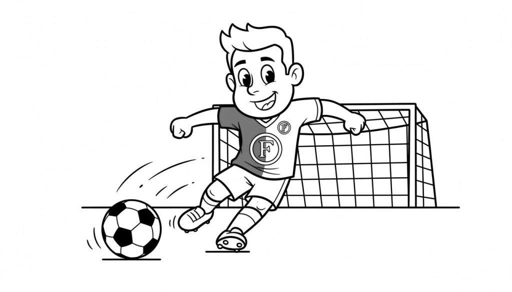 Zwart-wit kleurplaat van een lachende cartoonjongen in een voetbalshirt met 'F'-logo's, die een klassieke zwart-witte voetbal trapt richting een doel met net. Bewegingslijnen accentueren de trap.