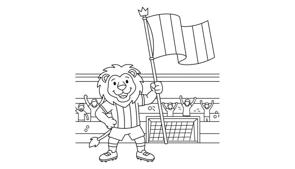 Zwart-wit kleurplaat van een vrolijke cartoon leeuw in PEC Zwolle voetbaltenue, zwaaiend met een vlag met kroon, in een stadion met juichende fans en een voetbaldoel.