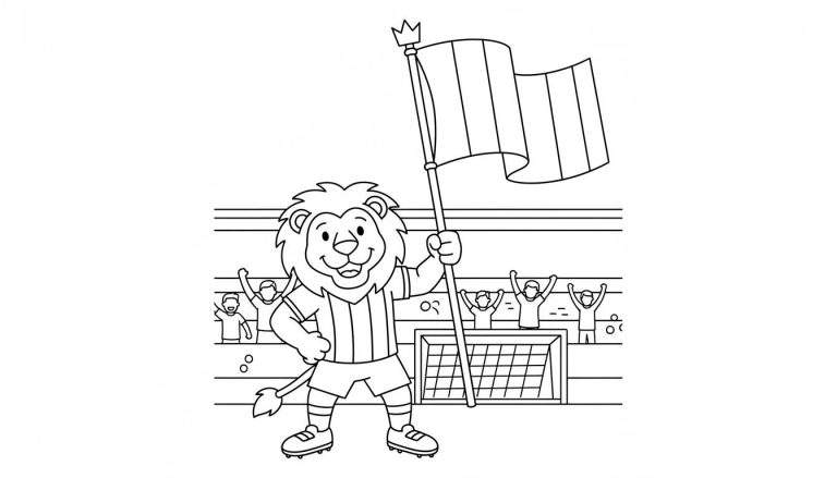 Zwart-wit kleurplaat van een vrolijke cartoon leeuw in PEC Zwolle voetbaltenue, zwaaiend met een vlag met kroon, in een stadion met juichende fans en een voetbaldoel.