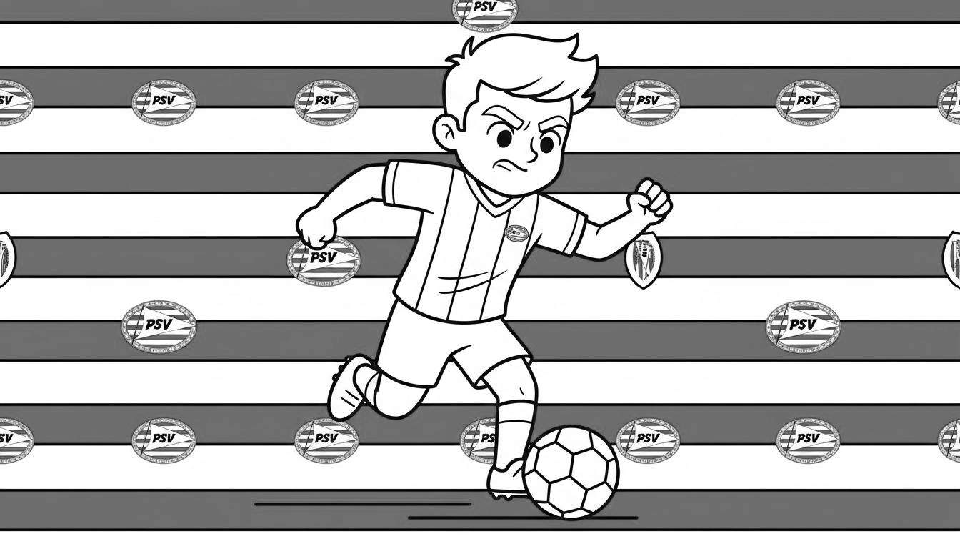 Zwart-wit kleurplaat van een vastberaden PSV-voetballer (jongen) in actie met de bal, omringd door herhalende PSV-logo's op een gestreepte achtergrond.
