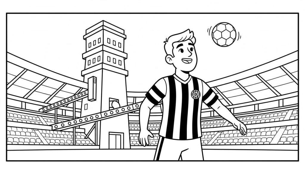 Zwart-wit kleurplaat van een lachende Roda JC voetballer in gestreept shirt met zwevende voetbal, in een leeg voetbalstadion met tribunes en een opvallende toren.