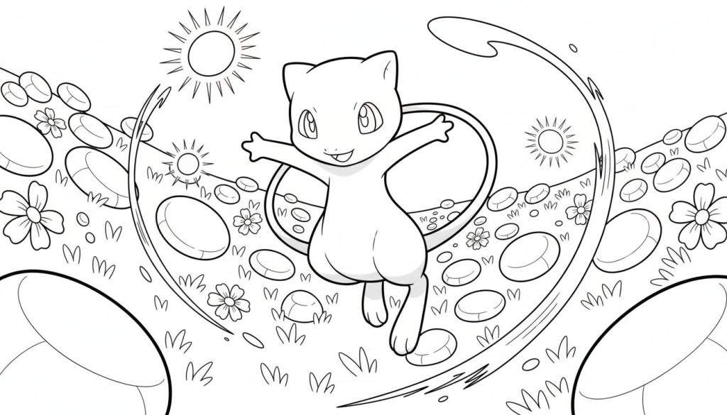 Zwart-wit kleurplaat van een vrolijke, springende Pokémon Mew met gespreide armen en een staart in een lus. De achtergrond heeft gras, stenen/Poké Balls, bloemen, zonnen en bewegingslijnen.