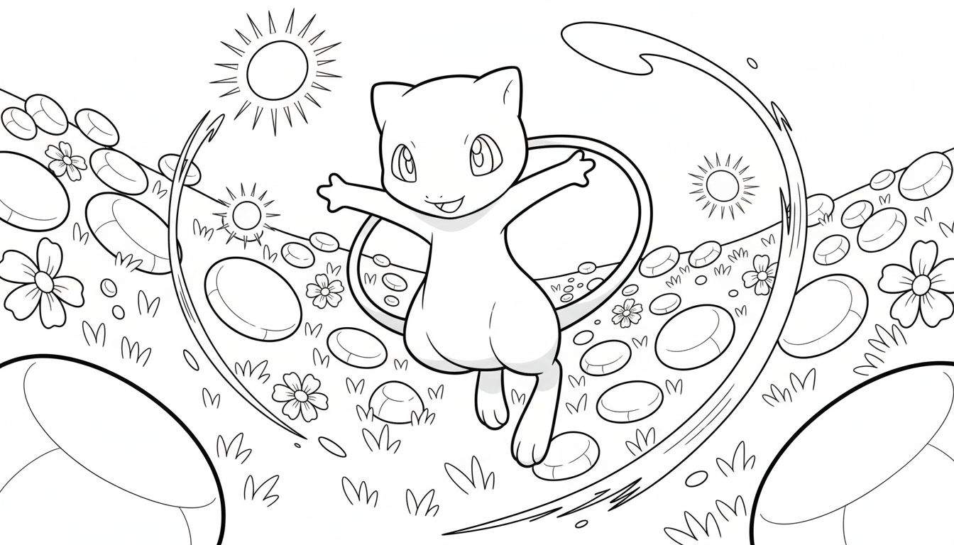 Zwart-wit kleurplaat van een vrolijke, springende Pokémon Mew met gespreide armen en een staart in een lus. De achtergrond heeft gras, stenen/Poké Balls, bloemen, zonnen en bewegingslijnen.