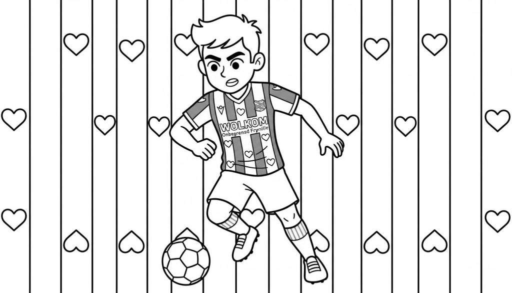 Zwart-wit kleurplaat van een jongen die voetbalt in een SC Heerenveen-achtig gestreept shirt met 'WOLKOM' en hartjes, dribbelend een voetbal op een achtergrond met strepen en hartjes.