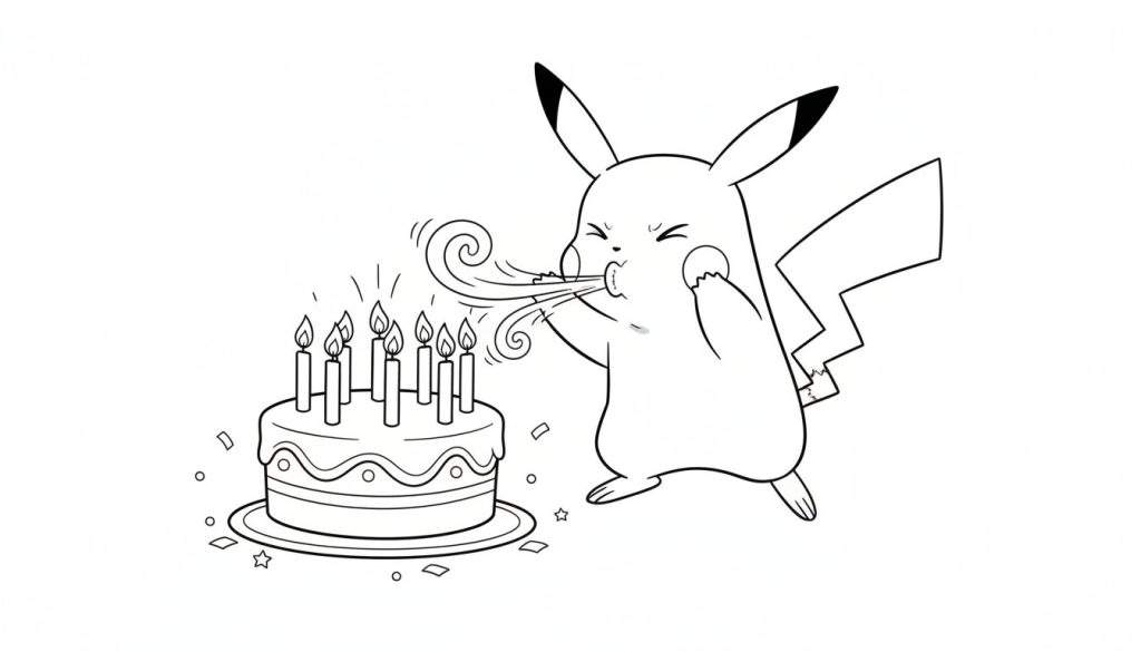 Kleurplaat van Pikachu die met gesloten ogen zeven brandende kaarsjes op een tweelaagse verjaardagstaart uitblaast, omringd door confetti.