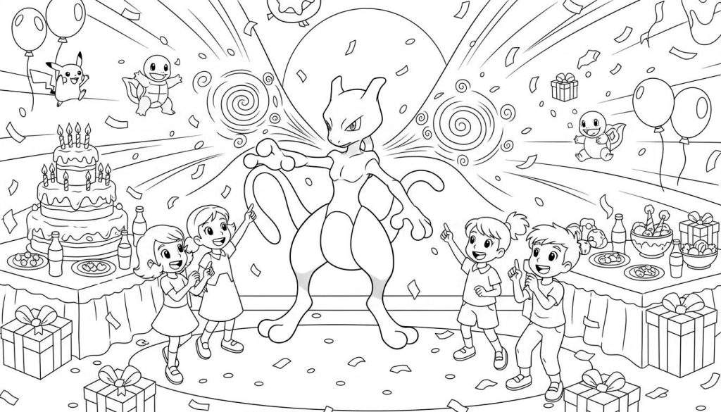 Zwart-wit kleurplaat van een levendig Pokémon verjaardagsfeest. Centraal staat de krachtige Mewtwo met gespreide armen, met een groot energie-effect achter zich en spiraalvormige patronen aan de zijkanten. Vier blije kinderen, twee meisjes links en twee jongens rechts, wijzen enthousiast. Bovenin zweven Pikachu en Squirtle vrolijk tussen ballonnen en ingepakte cadeautjes. Op de linker tafel staat een grote verjaardagstaart met kaarsjes, schalen met hapjes en flesjes drinken. De rechter tafel toont schalen met snoep, borden met eten, flesjes drinken en een ingepakt cadeau. Confetti dwarrelt door de lucht en extra cadeaus liggen op de grond, wat de feestelijke sfeer benadrukt.