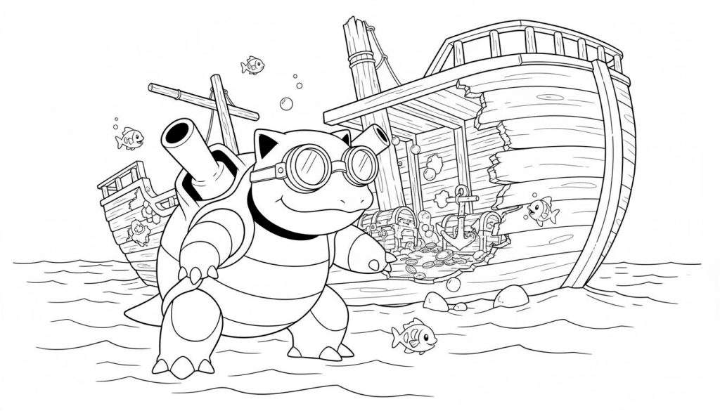 Zwart-wit kleurplaat van Blastoise met duikbril, staand in ondiep water bij een gehavend scheepswrak met openbarstende schatkisten, vissen en luchtbellen.