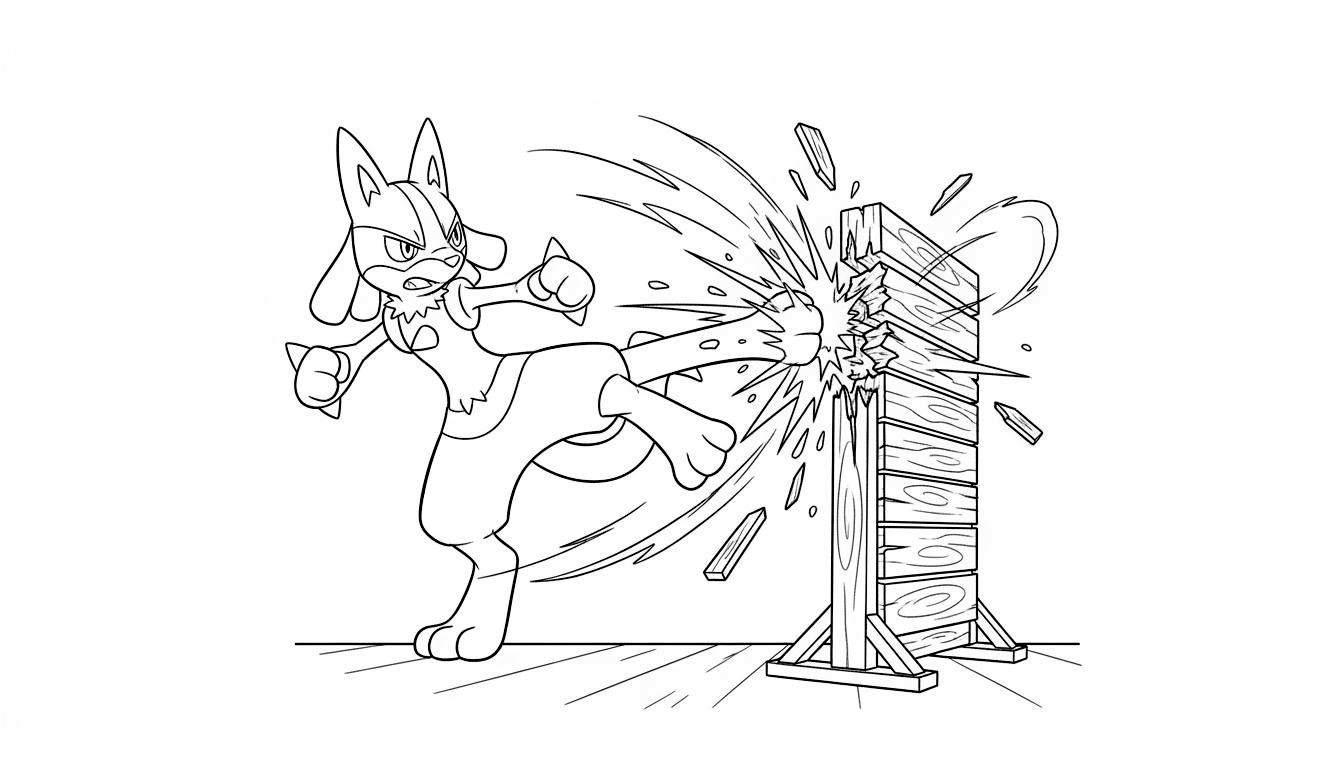 Zwart-wit kleurplaat van Pokémon Lucario die een krachtige zijwaartse trap uitvoert, waarbij houten planken uiteenspatten met vliegende splinters en stralende impactlijnen.