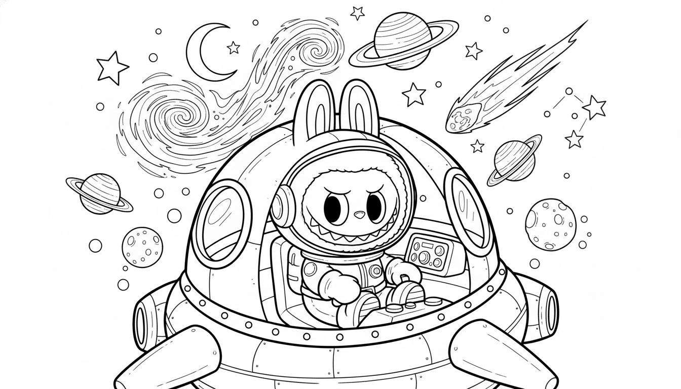 Zwart-witte Labubu kleurplaat van een chagrijnig ogend wezentje met konijnenoren in een futuristisch ruimteschip, omringd door planeten, een komeet en sterrenbeelden in de ruimte.