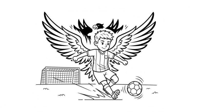 Zwart-witte lijntekening van een lachende jongen met vleugels die een voetbal schopt. Boven de jongen vliegt een adelaar en linksachter staat een voetbaldoel met net.