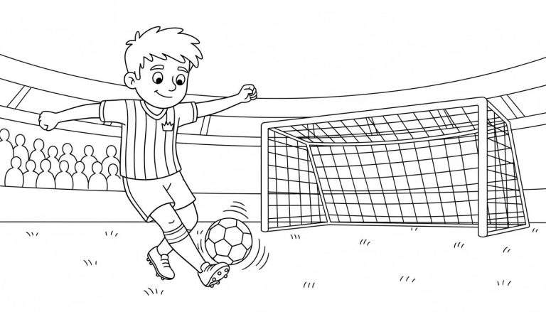 Kleurplaat van een lachende jongen in PEC Zwolle voetbaltenue die de bal schopt in een stadion met doel en publiek.