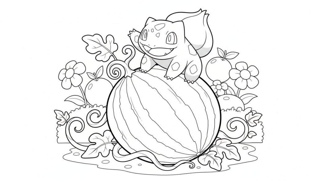 Zwart-witte kleurplaat van een lachende Bulbasaur die zwaait op een grote watermeloen, omringd door bloemen, fruit en bladeren.