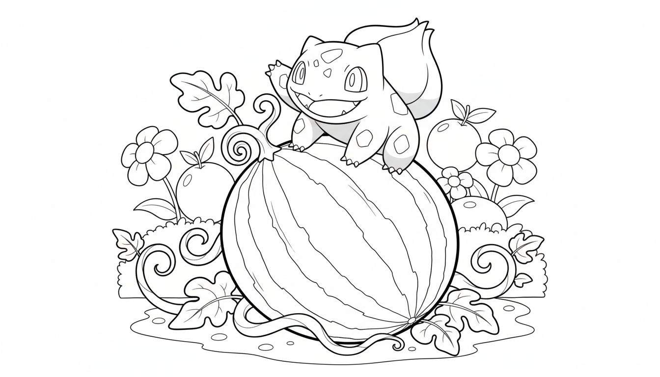 Zwart-witte kleurplaat van een lachende Bulbasaur die zwaait op een grote watermeloen, omringd door bloemen, fruit en bladeren.