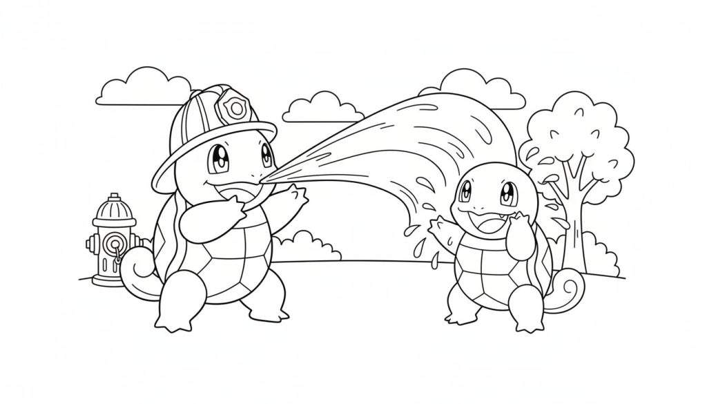 Zwart-witte kleurplaat van twee blije Squirtles. Eén Squirtle met brandweerhelm spuit water op de andere Squirtle die geniet, naast een brandkraan met wolken en een boom op de achtergrond.