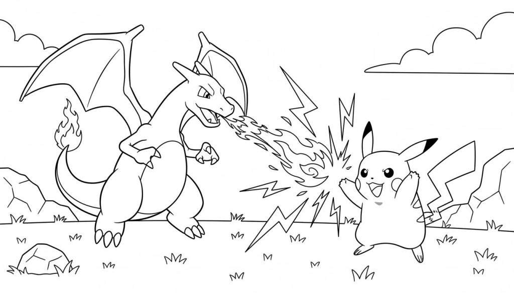 Zwart-wit kleurplaat van Charizard en Pikachu in een episch gevecht; Charizard spuwt vuur, Pikachu lanceert bliksem, botsend in het midden boven gras en rotsen.