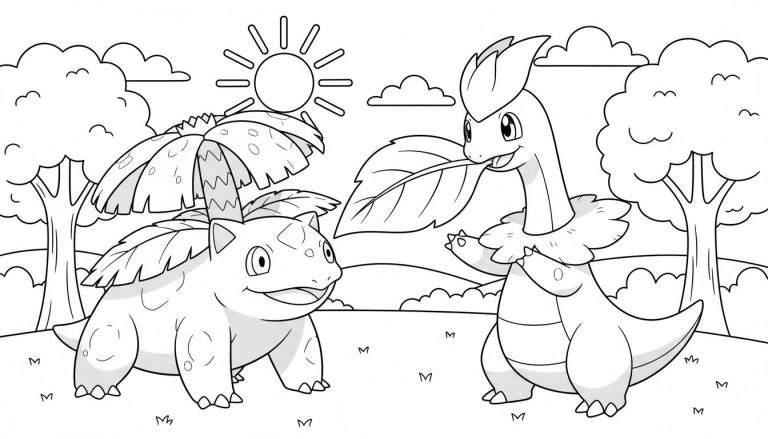 Kleurplaat van een lachende Ivysaur en een glimlachende Meganium die elkaar vriendelijk aankijken in een zonnig graslandschap met bomen, heuvels en M-vormige markeringen.