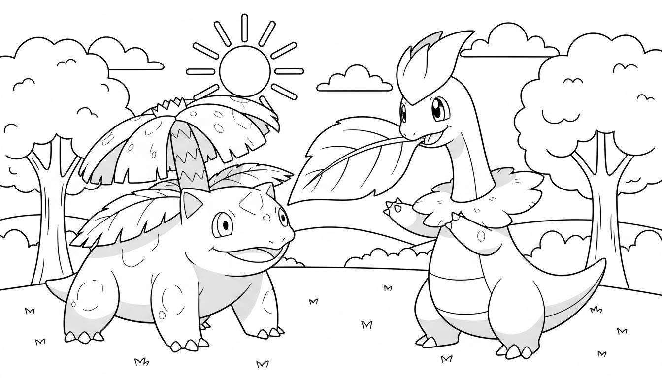 Kleurplaat van een lachende Ivysaur en een glimlachende Meganium die elkaar vriendelijk aankijken in een zonnig graslandschap met bomen, heuvels en M-vormige markeringen.