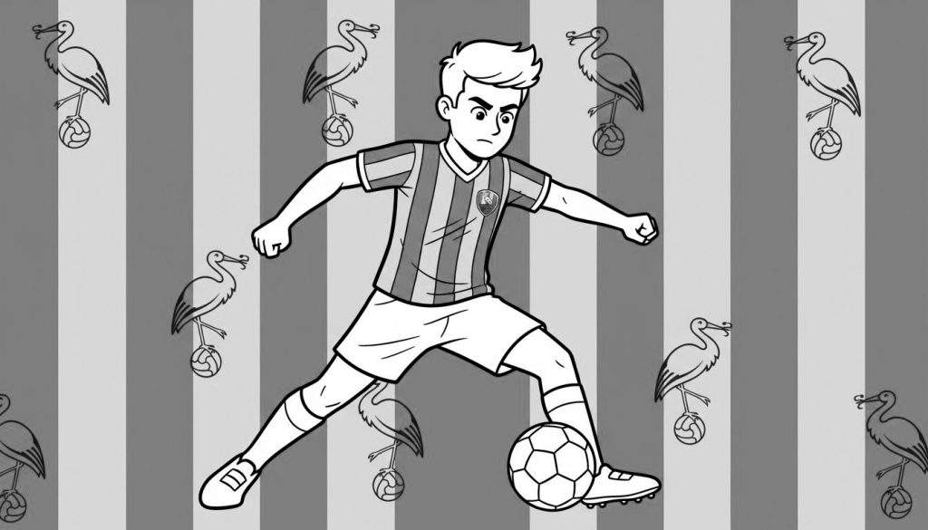 Zwart-wit kleurplaat van een jonge voetballer in ADO Den Haag tenue die de bal dribbelt. Op de gestreepte achtergrond balanceren zeven of acht ooievaars op voetballen.