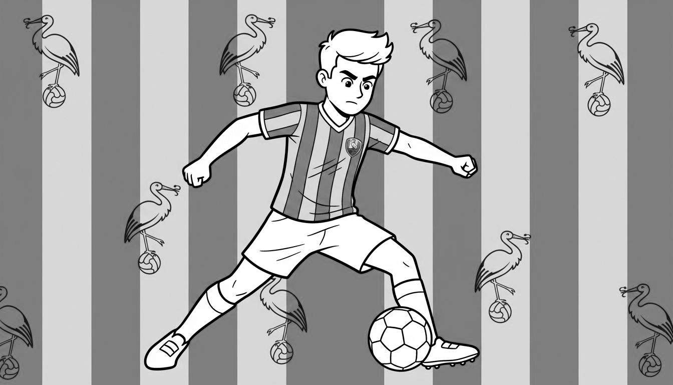 Zwart-wit kleurplaat van een jonge voetballer in ADO Den Haag tenue die de bal dribbelt. Op de gestreepte achtergrond balanceren zeven of acht ooievaars op voetballen.