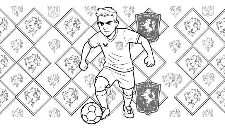 Kleurplaat van een FC Twente voetballer die een bal dribbelt, omringd door Ros van Twente logo's en clubschilden.