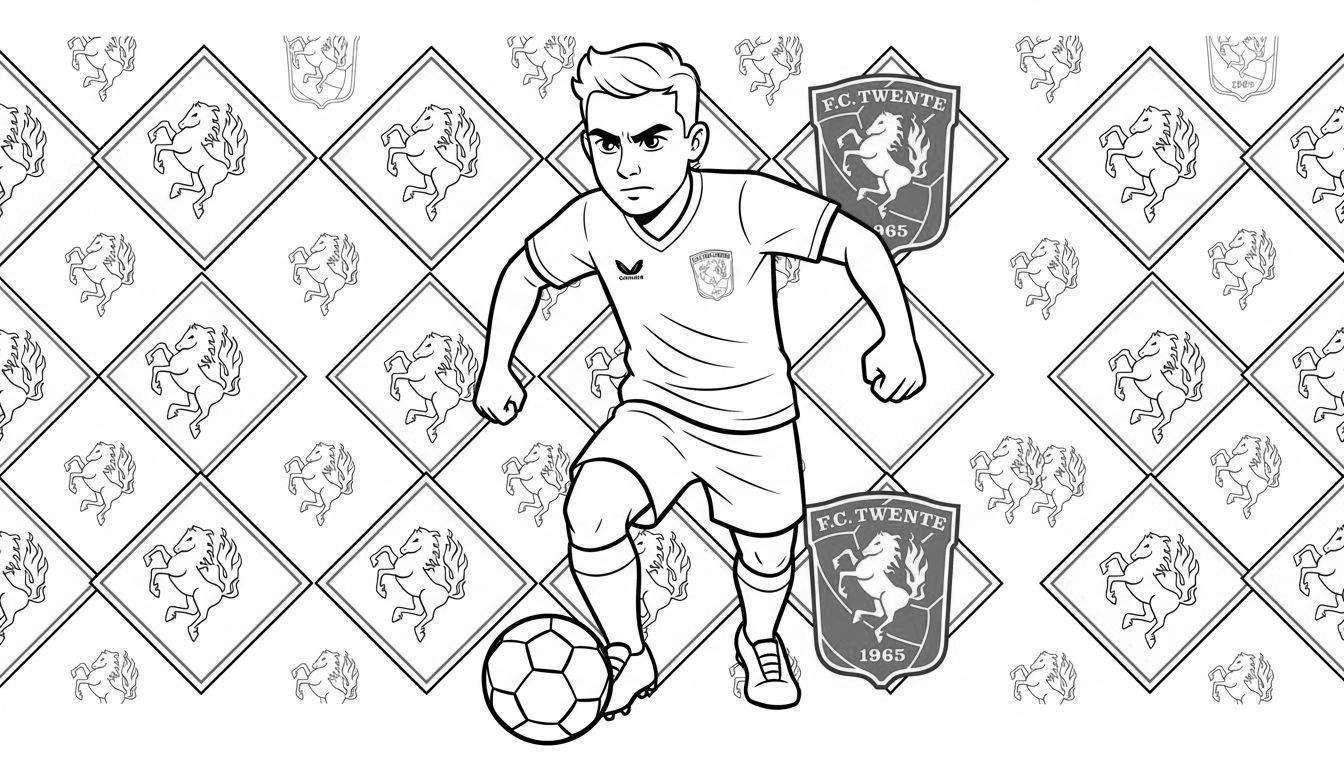 Kleurplaat van een FC Twente voetballer die een bal dribbelt, omringd door Ros van Twente logo's en clubschilden.