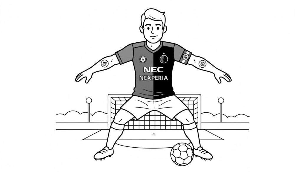 Zwart-wit kleurplaat van een lachende NEC-keeper in spreidstand voor een voetbaldoel met NEXPERIA-logo op zijn shirt.