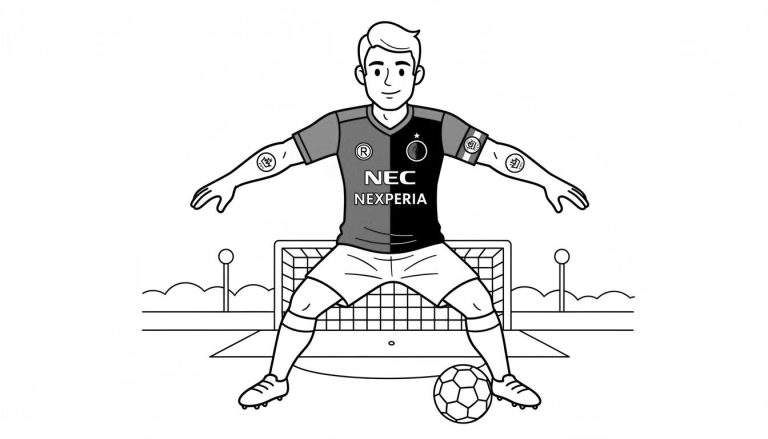 Zwart-wit kleurplaat van een lachende NEC-keeper in spreidstand voor een voetbaldoel met NEXPERIA-logo op zijn shirt.