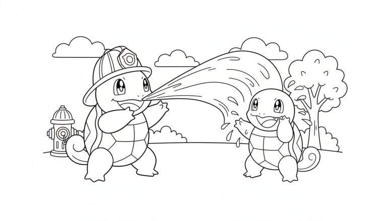 Zwart-witte kleurplaat van twee blije Squirtles. Eén Squirtle met brandweerhelm spuit water op de andere Squirtle die geniet, naast een brandkraan met wolken en een boom op de achtergrond.