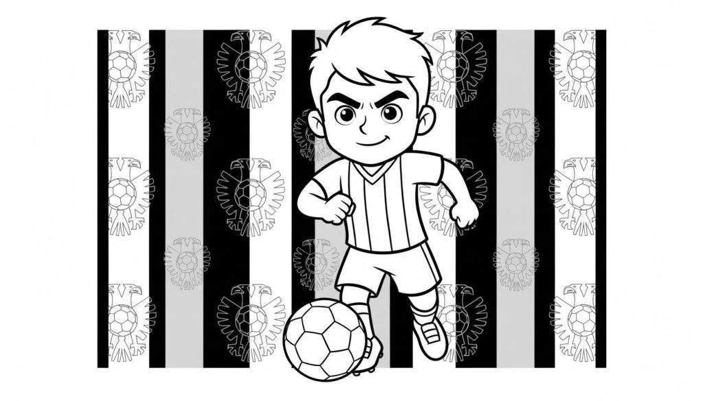 Zwart-wit kleurplaat: Vrolijke jongen in Vitesse shirt dribbelt met voetbal, met Vitesse adelaar emblemen op de gestreepte achtergrond.