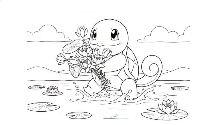 Zwart-wit kleurplaat van Squirtle, een lachende Pokémon, die in het water staat met een boeket waterlelies. Op de achtergrond heuvels en wolken.