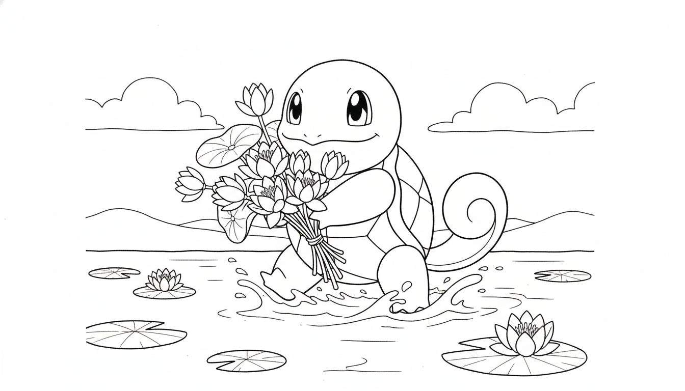 Zwart-wit kleurplaat van Squirtle, een lachende Pokémon, die in het water staat met een boeket waterlelies. Op de achtergrond heuvels en wolken.