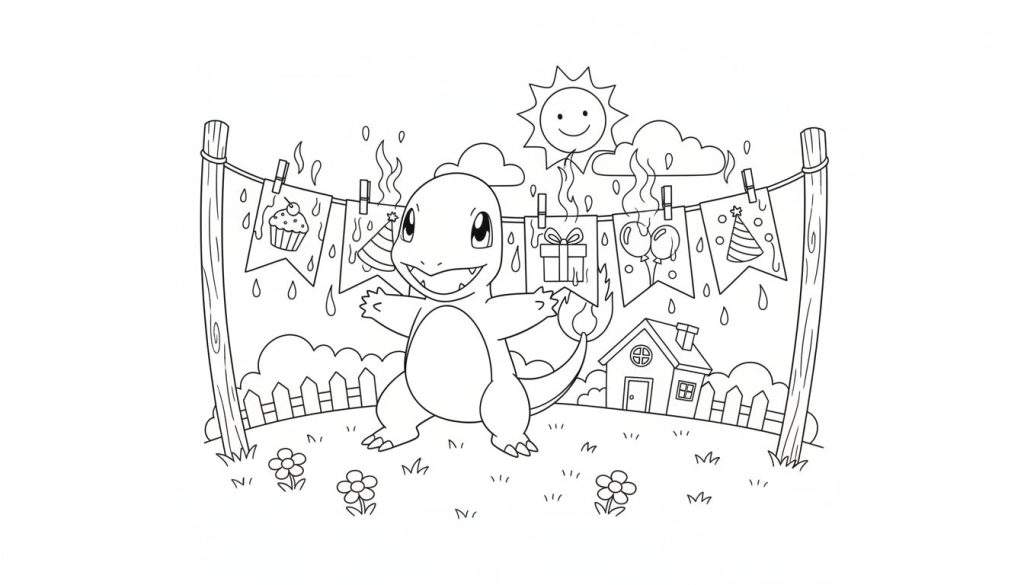 Zwart-wit kleurplaat van een vrolijke Charmander met feestmuts en staartvlam, omringd door feestvlaggetjes, een lachende zon, een hek, huisje, gras en bloemen.