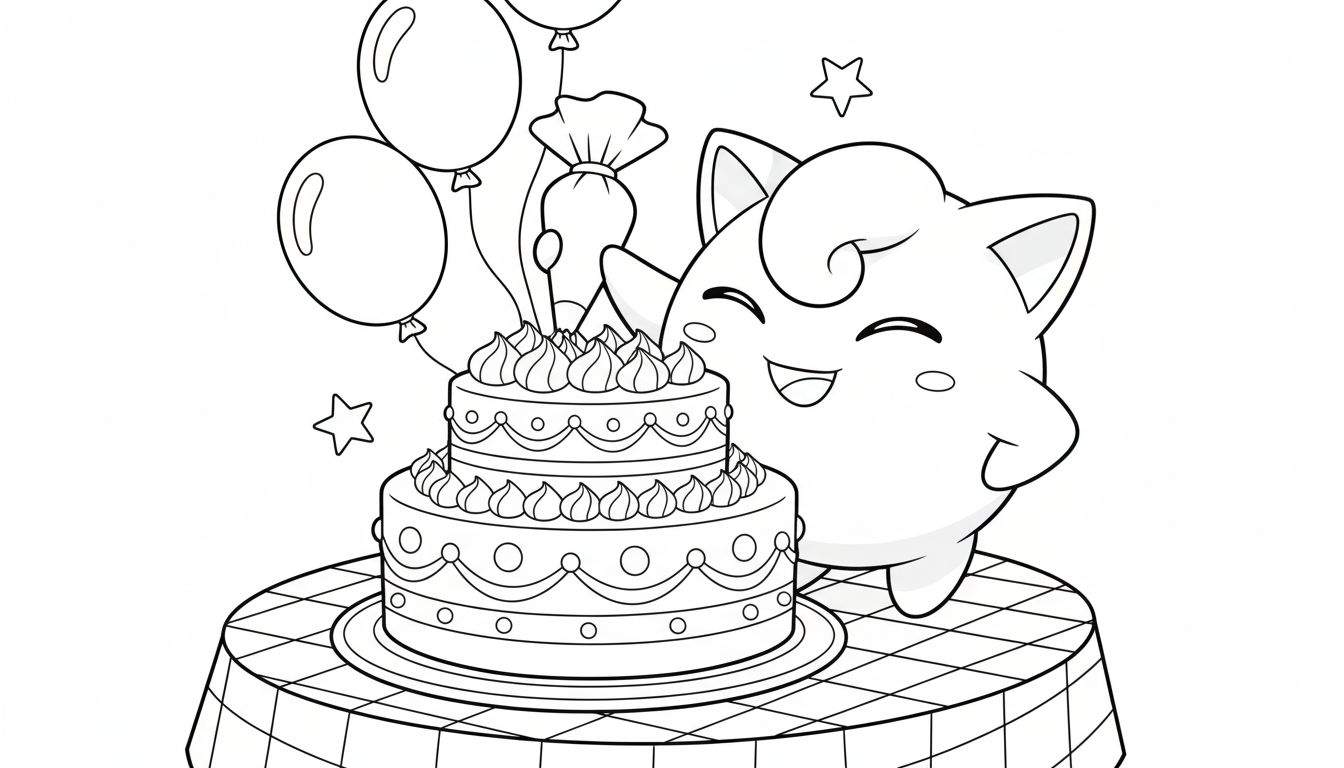 Kleurplaat van Jigglypuff die een tweelaagse taart versiert met een spuitzak, omringd door ballonnen en sterren, op een geruite tafel met geruit tafelkleed.