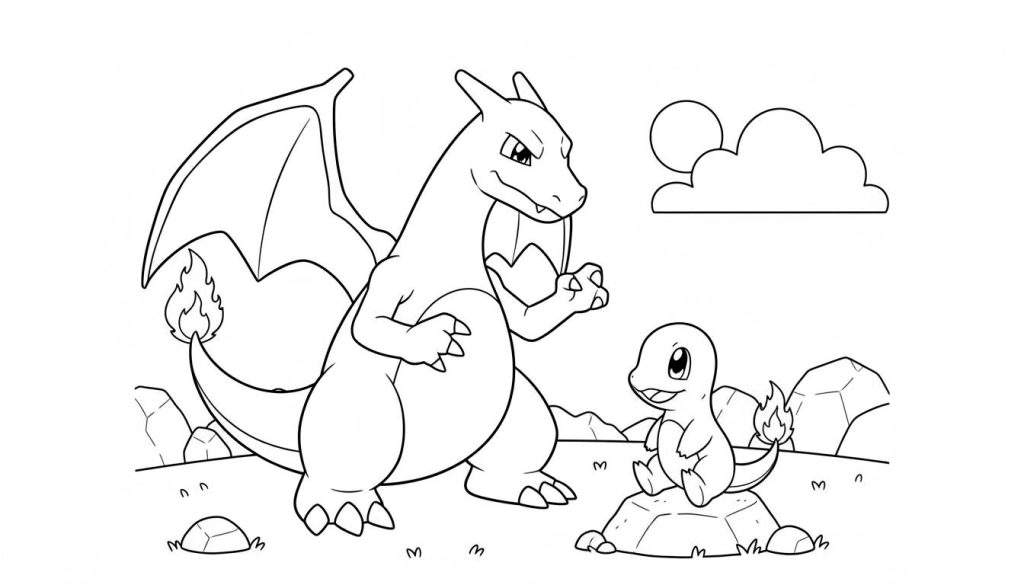 Zwart-witte kleurplaat van Charizard en Charmander. Grote Charizard staat links en kijkt beschermend naar kleine Charmander, die rechtsonder op een rots zit en vrolijk omhoog kijkt. Achtergrond met rotsen, heuvels, wolk en zon/maan.