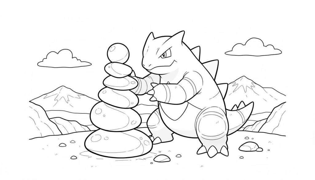 Zwart-witte kleurplaat van Tyranitar, een krachtige Pokémon, die geconcentreerd een toren van ronde stenen balanceert in een bergachtig landschap met wolken.