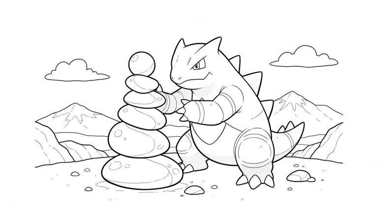 Zwart-witte kleurplaat van Tyranitar, een krachtige Pokémon, die geconcentreerd een toren van ronde stenen balanceert in een bergachtig landschap met wolken.