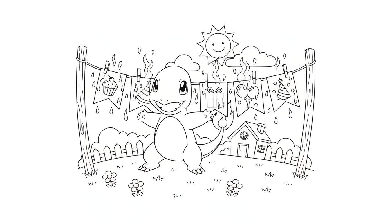 Zwart-wit kleurplaat van een vrolijke Charmander met feestmuts en staartvlam, omringd door feestvlaggetjes, een lachende zon, een hek, huisje, gras en bloemen.